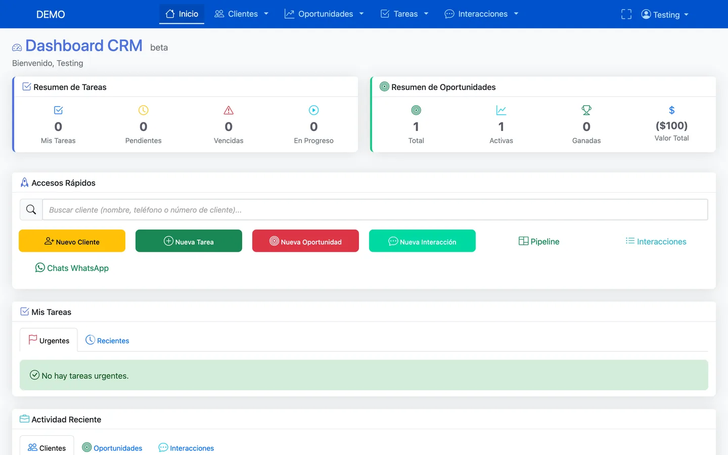 CRM: clientes, oportunidades, tareas y chats de WhatsApp