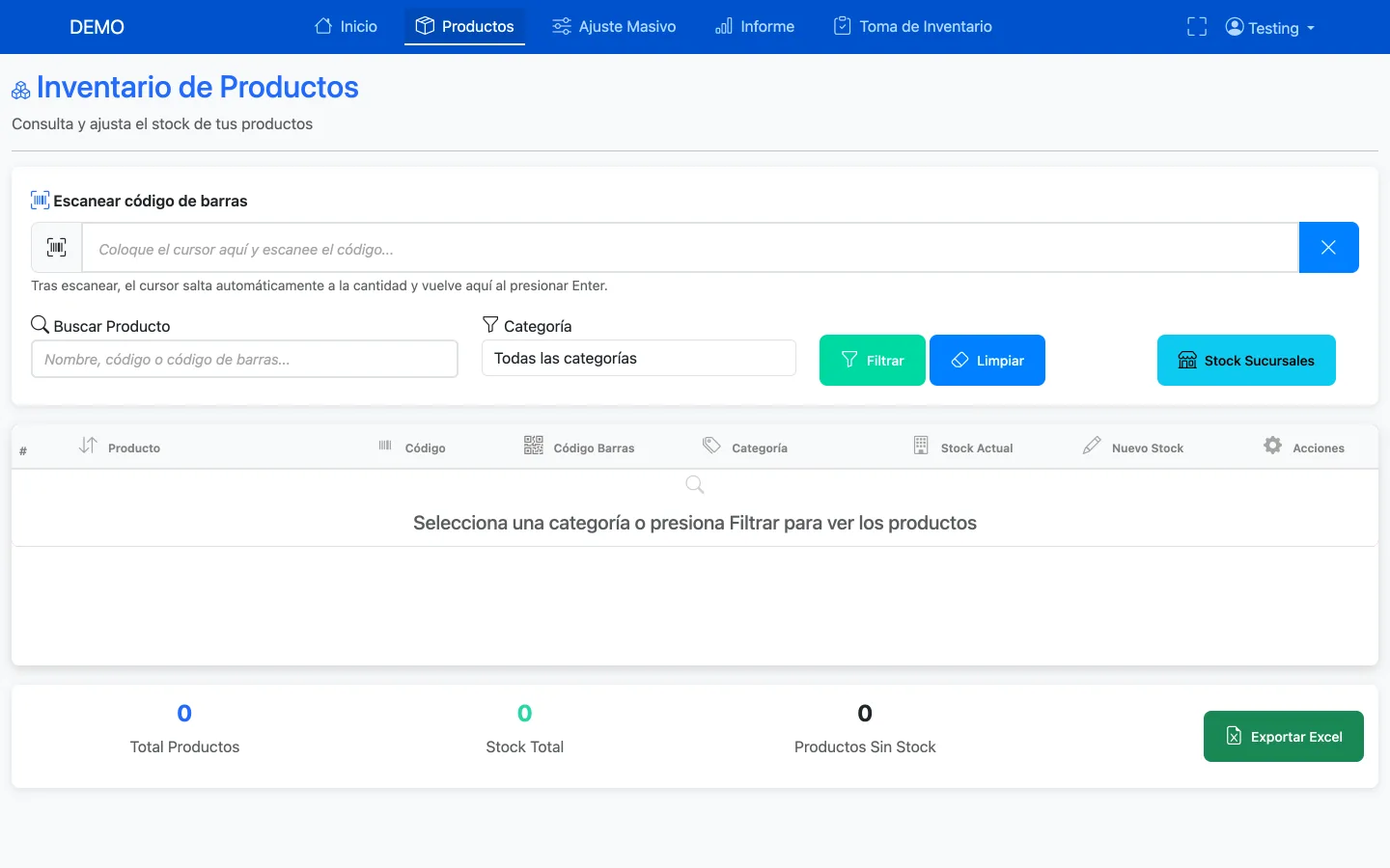 Inventario con stock por sucursal y Kardex